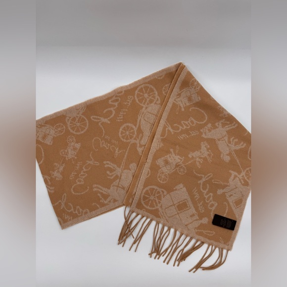 New Coach Logo Wool Cashmere Beige Tan Reversible Scarf - Picture 1 of 6